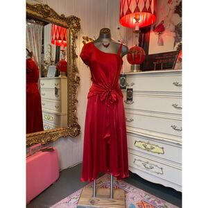 red silk one shoulder cocktail dress single full skirt draped tie waist classic